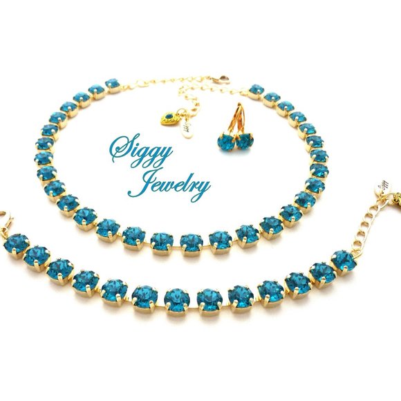 Genuine Swarovski Crystal 3 Piece Jewelry Set in 8mm Indicolite Teal Blue - Picture 1 of 10